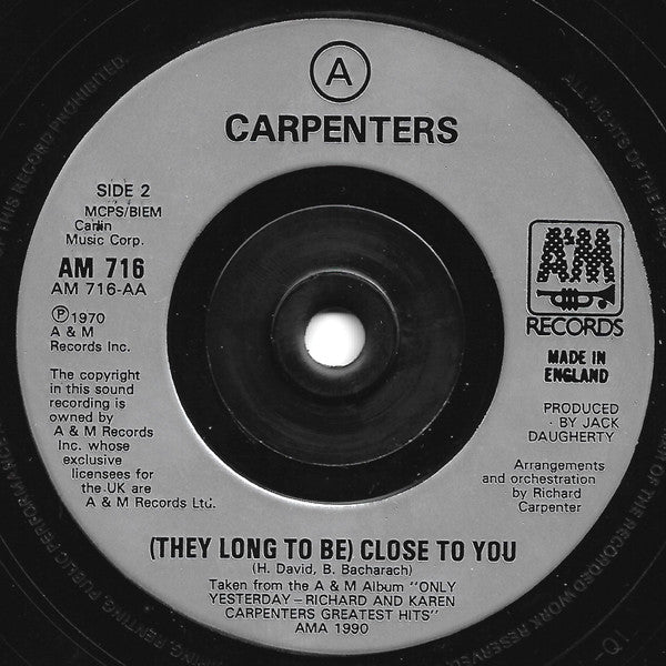 Carpenters : Merry Christmas Darling / (They Long To Be) Close To You (7", Single, Sil)