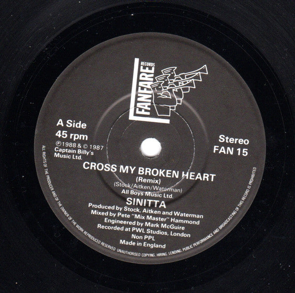 Sinitta : Cross My Broken Heart (Remix) (7", Single, Glo)