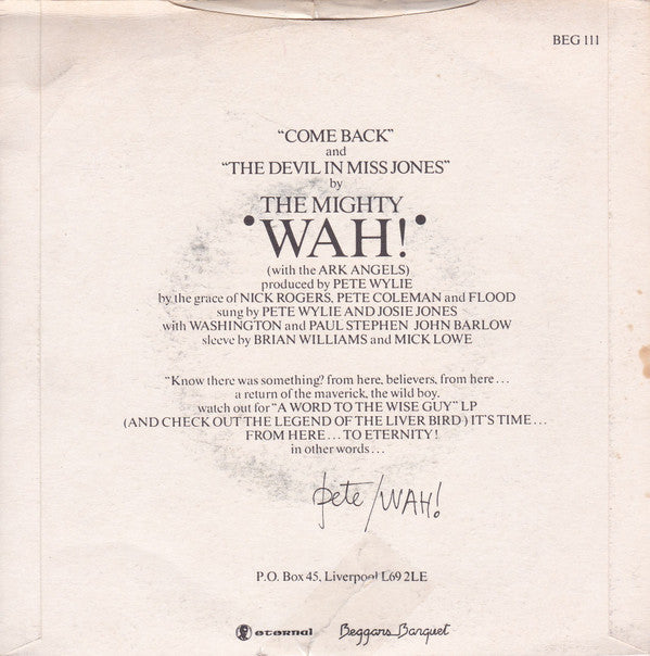 Wah! : Come Back (7", Single, Pap)