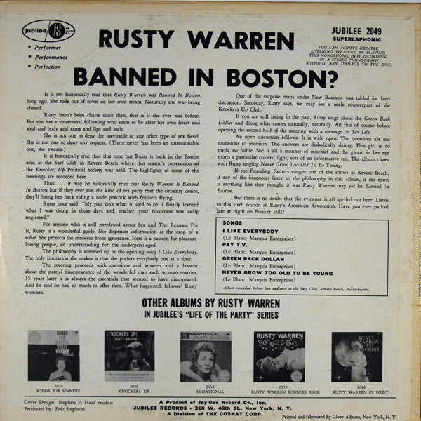 Rusty Warren : Banned In Boston? (LP, Album, Mono, "SU)