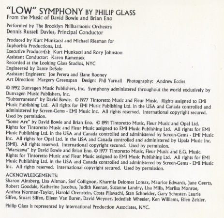 Philip Glass From The Music Of David Bowie & Brian Eno : "Low" Symphony (CD, Album)