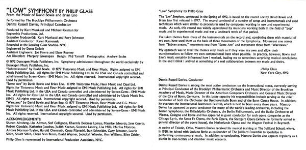 Philip Glass From The Music Of David Bowie & Brian Eno : "Low" Symphony (CD, Album)