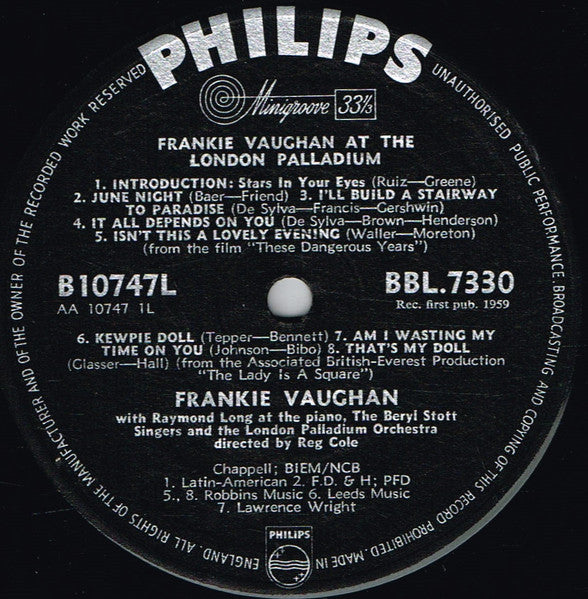 Frankie Vaughan : At The London Palladium (LP, Album, Mono)