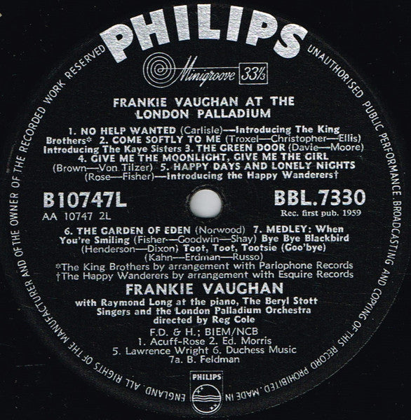 Frankie Vaughan : At The London Palladium (LP, Album, Mono)