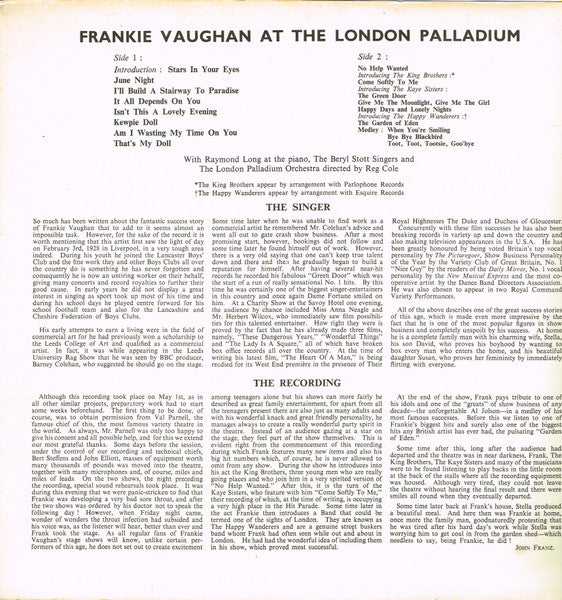 Frankie Vaughan : At The London Palladium (LP, Album, Mono)