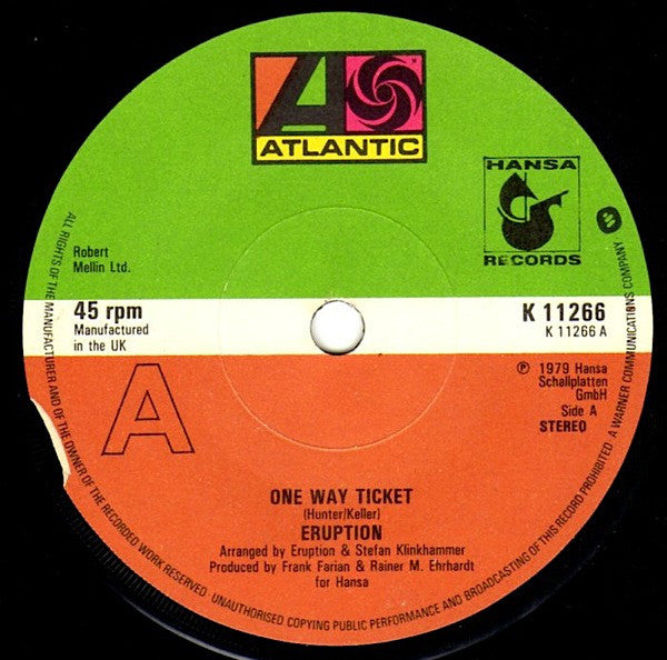 Eruption (4) : One Way Ticket (7", Single, Sol)