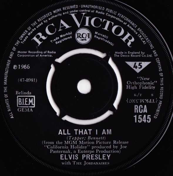 Elvis Presley With The Jordanaires : All That I Am (7", Single)