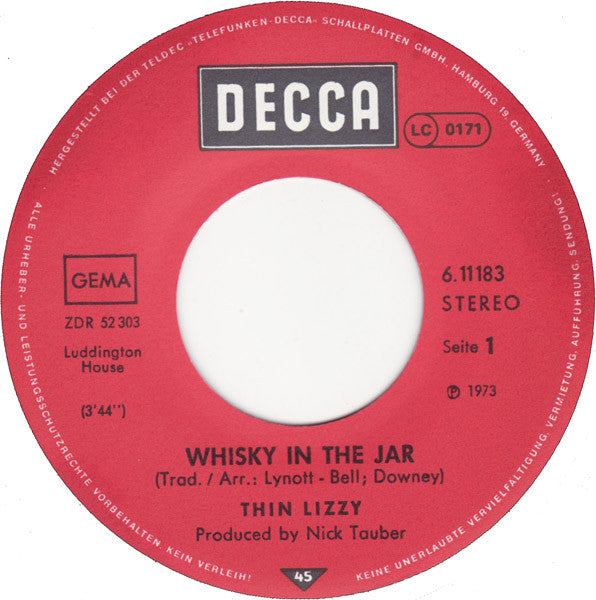 Thin Lizzy : Whisky In The Jar / Black Boys On The Corner (7", Single, RE)
