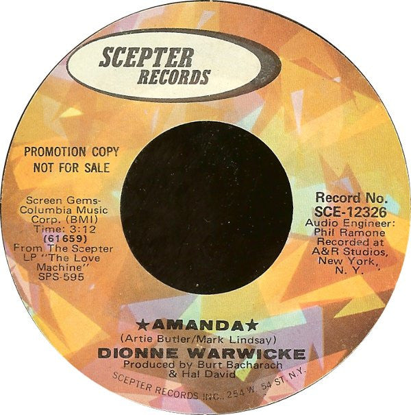 Dionne Warwick : Amanda / He's Moving On (7", Promo)