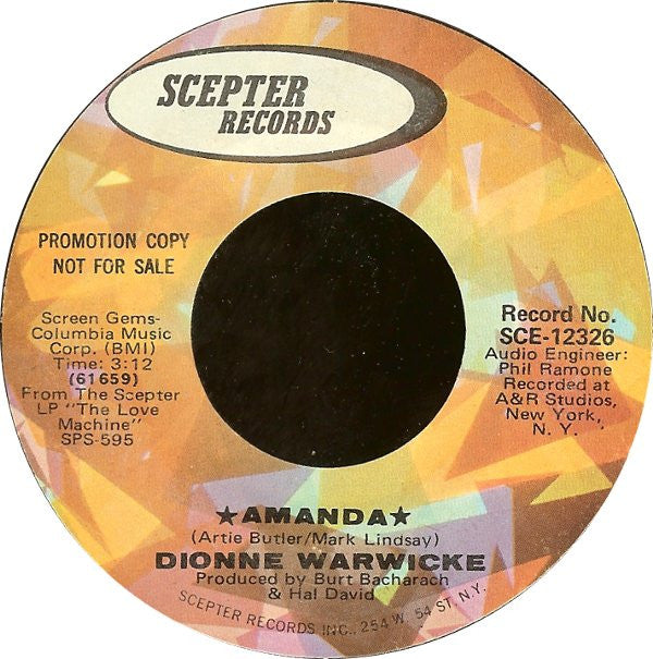 Dionne Warwicke* : Amanda / He's Moving On (7", Promo)