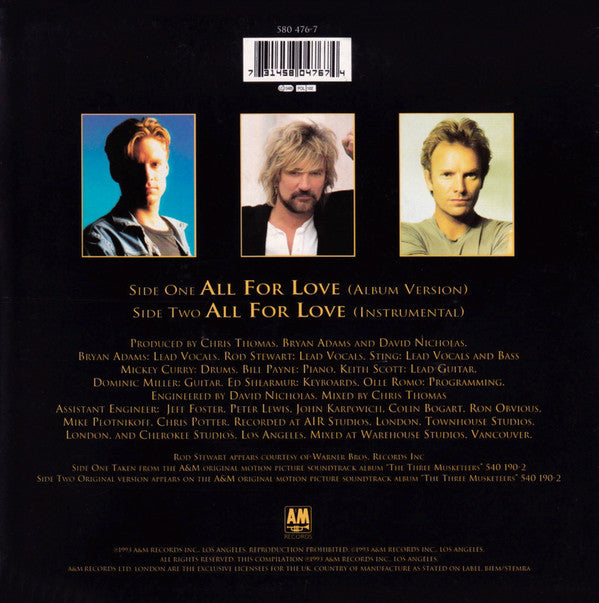 Bryan Adams, Rod Stewart & Sting : All For Love (7", Single)