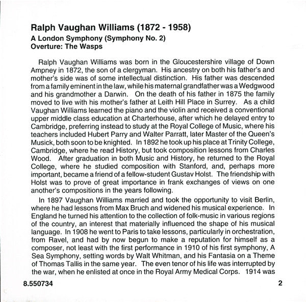 Ralph Vaughan Williams, Bournemouth Symphony Orchestra, Kees Bakels : Symphony No. 2 "London" / The Wasps (Overture) (CD, Album)