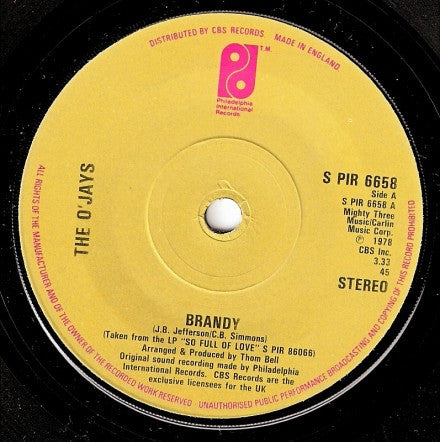 The O'Jays : Brandy (7", Single, Sol)