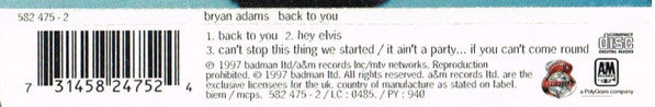 Bryan Adams : Back To You (CD, Single)