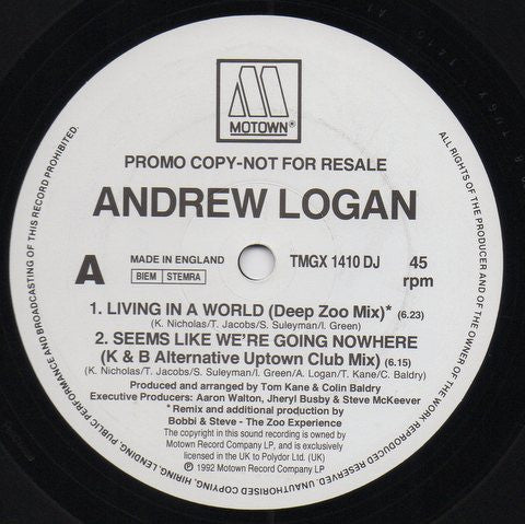 Andrew Logan : Living In A World / Seems Like We're Going Nowhere (12", Single, Promo)