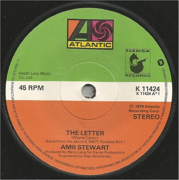 Amii Stewart : The Letter / Paradise Bird (7", Single)