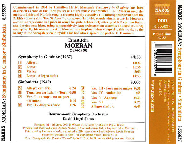 Ernest John Moeran, Bournemouth Symphony Orchestra, David Lloyd-Jones : Symphony In G Minor ● Sinfonietta (CD, Album)