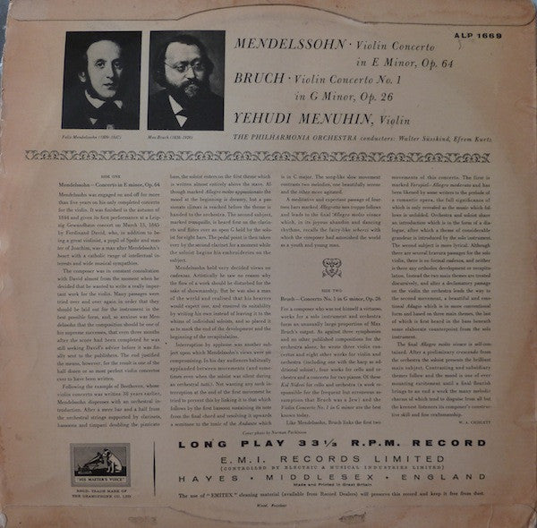 Yehudi Menuhin - Mendelssohn* . Bruch*, The Philharmonia Orchestra*, Walter Susskind, Efrem Kurtz : Mendelssohn Concerto In E Minor, Op. 64 / Bruch Concerto No. 1 In G Minor, Op. 26 (LP, Mono)