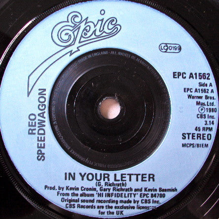 REO Speedwagon : In Your Letter (7")