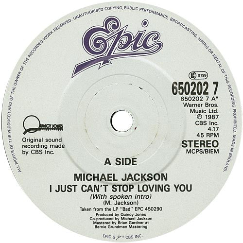 Michael Jackson : I Just Can't Stop Loving You (7", Single)