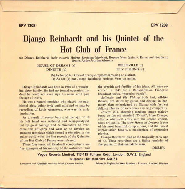 Django Reinhardt : Django Reinhardt And His Quintet Of The Hot Club Of France (7", EP, Tri)