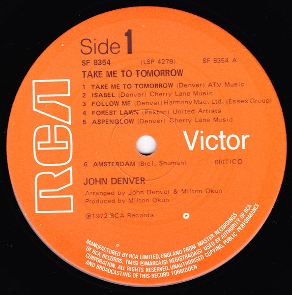 John Denver : Take Me To Tomorrow (LP, Album)