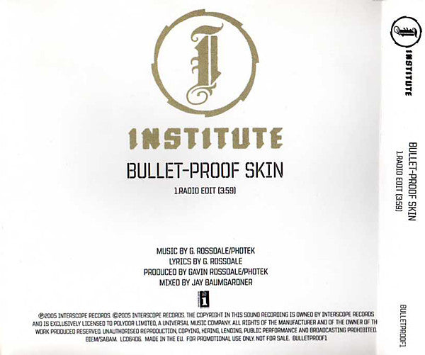 Institute Featuring Gavin Rossdale : Bullet-Proof Skin (CD, Single, Promo)