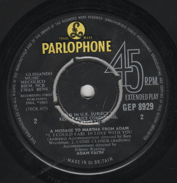 Adam Faith : A Message To Martha From Adam (7", EP)