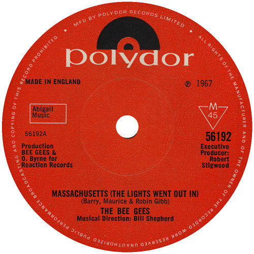 The Bee Gees* : Massachusetts (The Lights Went Out In) (7", Single, Mono, Sol)