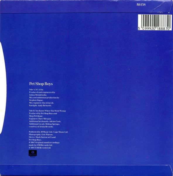 Pet Shop Boys : It's A Sin (7", Single, Sil)