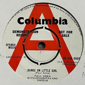 Paul Anka : Dance On Little Girl / I Talked To You (On The Telephone) (7", Promo)