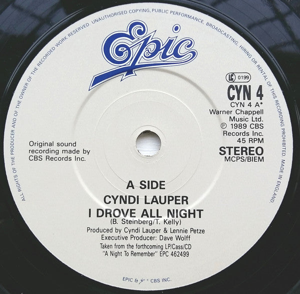 Cyndi Lauper : I Drove All Night (7", Single)