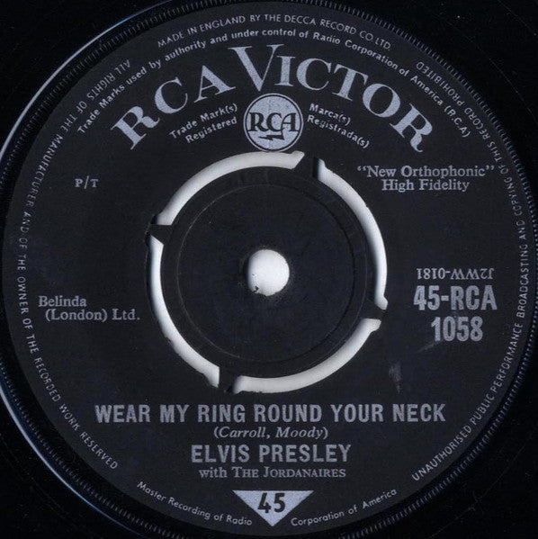 Elvis Presley With The Jordanaires : Wear My Ring Round Your Neck (7", Single, RE)