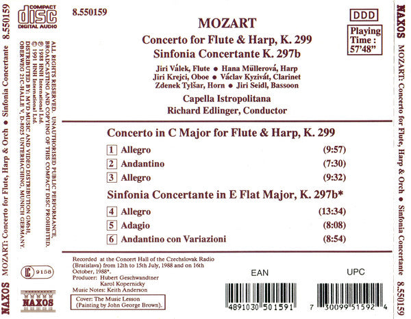 Wolfgang Amadeus Mozart, Capella Istropolitana, Richard Edlinger : Concerto For Flute & Harp, K. 299 / Sinfonia Concertante K. 297b (CD)