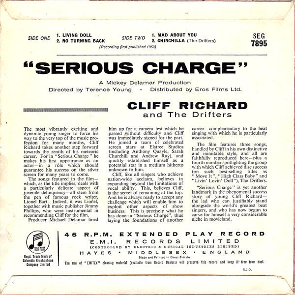 Cliff Richard & The Drifters : Serious Charge (7", EP)