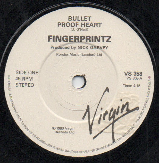 Fingerprintz (2) : Bullet Proof Heart (7", Single)