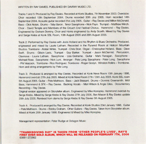 Ray Davies : Thanksgiving Day (CD, EP)