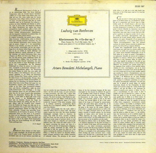 Ludwig van Beethoven, Arturo Benedetti Michelangeli : Sonate Nr. 4 Es-dur Op. 7 (In E Flat Major) (LP)