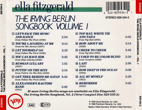 Ella Fitzgerald : The Irving Berlin Songbook Volume 1 (CD, Album, RE, RM)