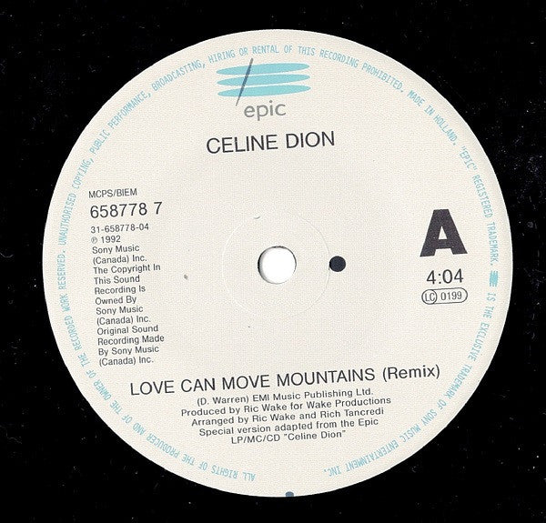 Céline Dion : Love Can Move Mountains (7", Single)