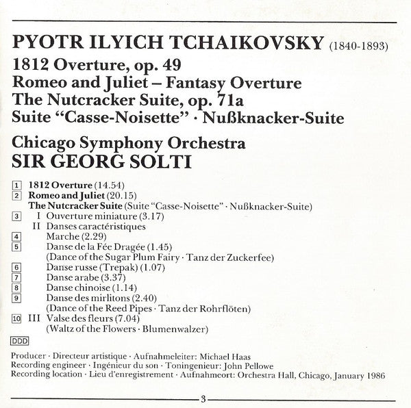 Pyotr Ilyich Tchaikovsky - Chicago Symphony Orchestra / Georg Solti : 1812 Overture / Romeo & Juliet / The Nutcracker Suite (CD, Album, Club)