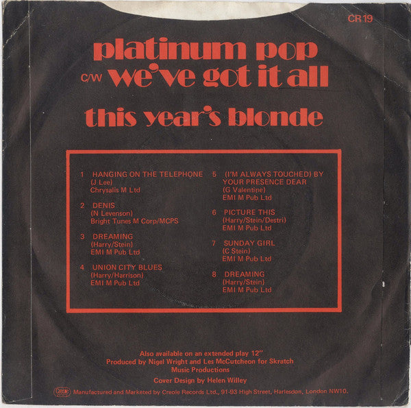 This Year's Blonde : Platinum Pop (7", Single)