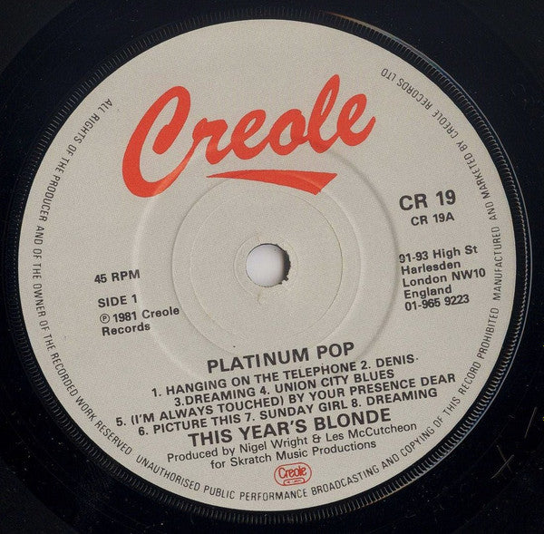 This Year's Blonde : Platinum Pop (7", Single)
