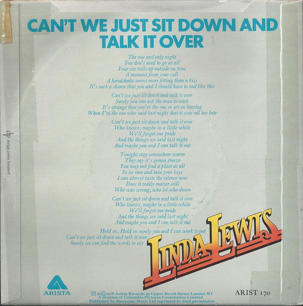 Linda Lewis : Can't We Just Sit Down And Talk It Over (7")