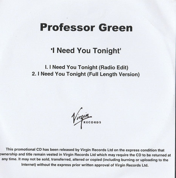 Professor Green feat. Ed Drewett : I Need You Tonight (CDr, Single, Promo)