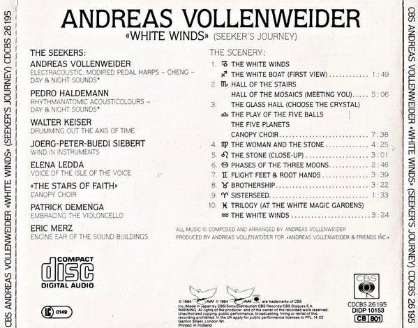 Andreas Vollenweider : White Winds (Seeker's Journey) (CD, Album, RP)