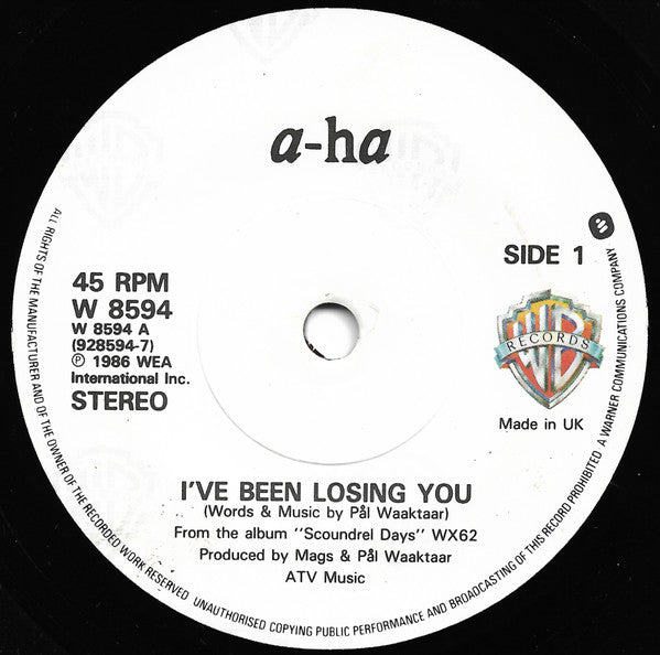 a-ha : I've Been Losing You (7", Single, Pap)