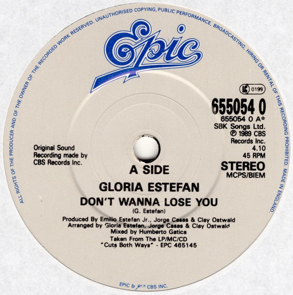 Gloria Estefan : Don't Wanna Lose You (7", Single, Mat)