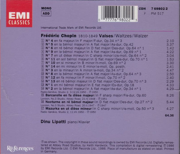 Frédéric Chopin - Dinu Lipatti : 14 Valses / Barcarolle Op. 60 / Nocturne Op. 27 No 2 / Mazurka Op. 50 No 3 (CD, Comp, Mono)