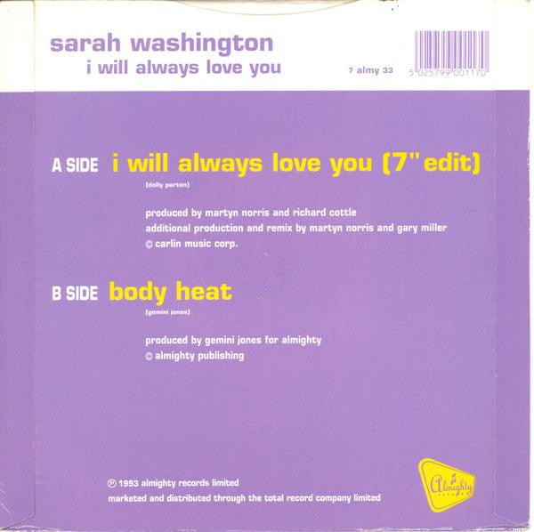 Sarah Washington : I Will Always Love You (Dance Mix) (7", Single)